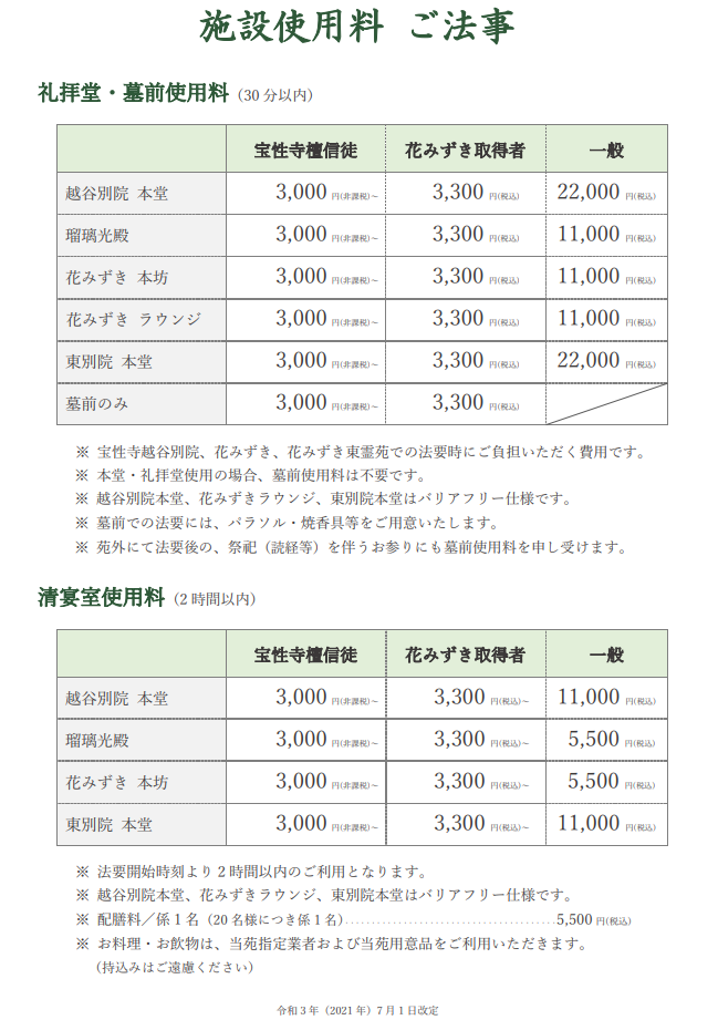 越谷 葬儀式場 施設利用料